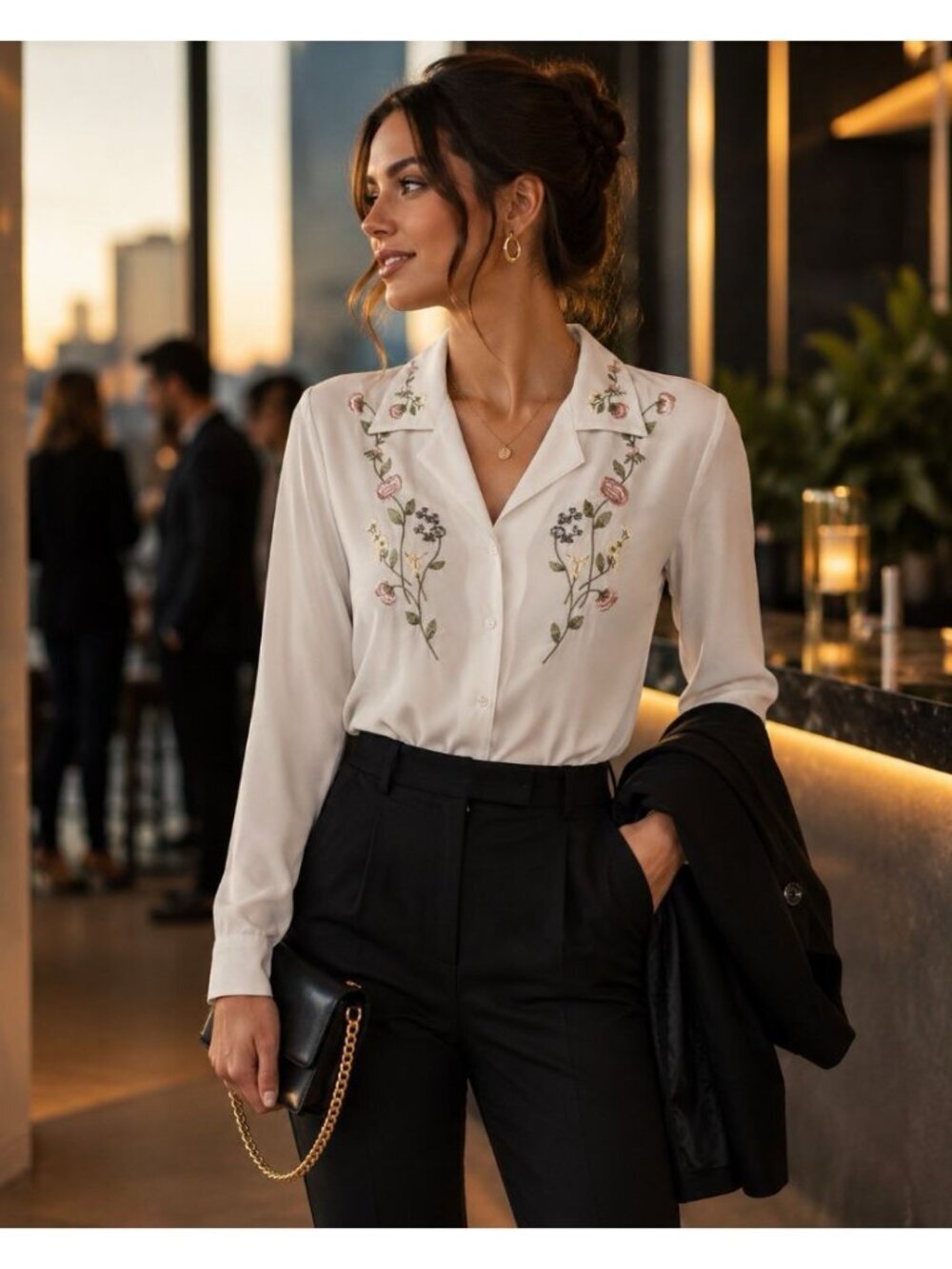 Vintage L Embroidered Career Top White Floral Cottage Button Long Sleeve
